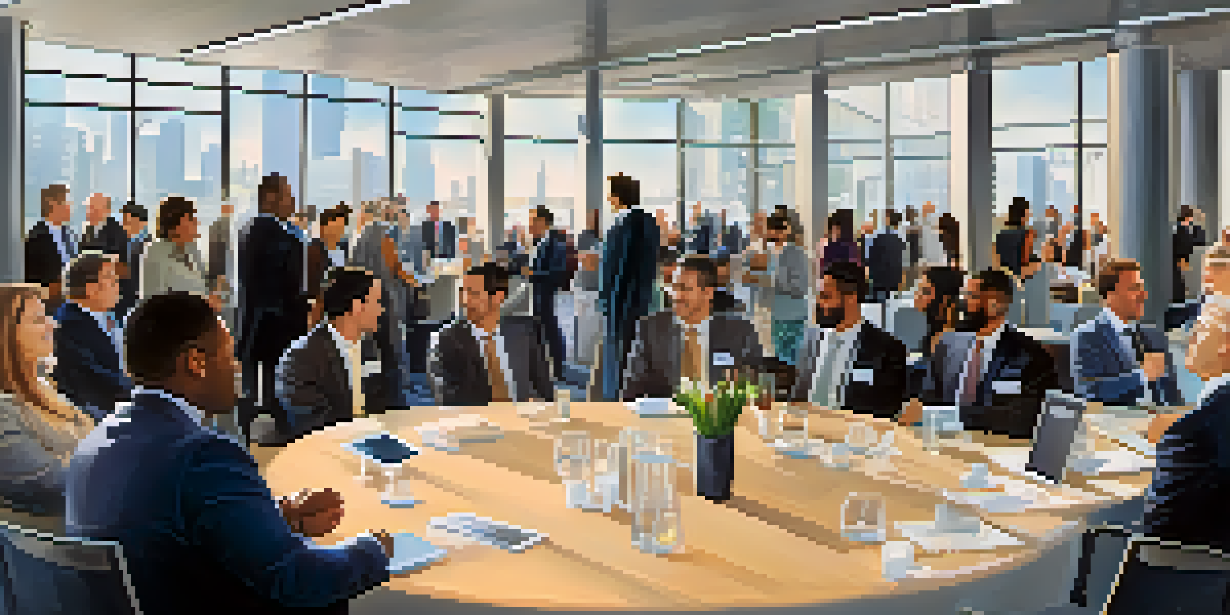 A diverse group of professionals networking at a conference, dressed in business attire, with a bright and welcoming atmosphere.