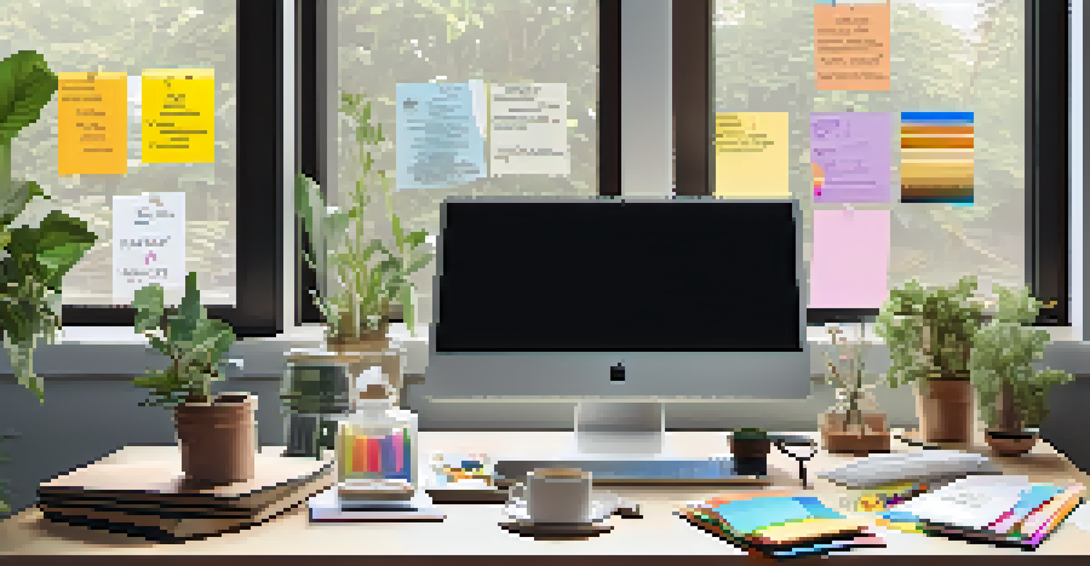 A workspace with a vision board, laptop, and coffee, illuminated by natural light.
