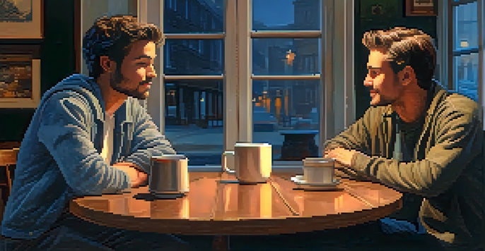 A warm coffee shop with two friends talking deeply, showcasing empathy and understanding, with coffee cups and books on the table.