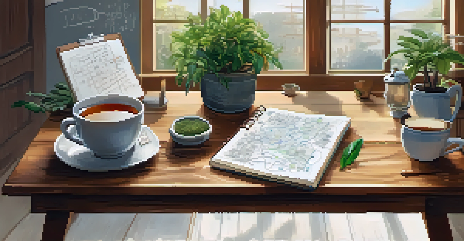 A wooden desk with a mind map of positive affirmations, a cup of tea, and a potted plant.