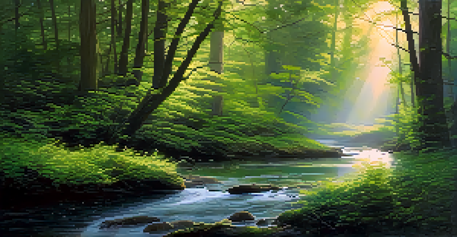 A tranquil forest scene at dawn with sunlight filtering through trees and a gentle stream.