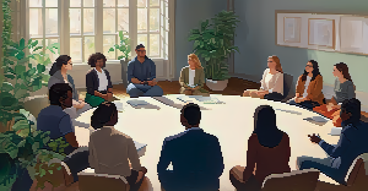 A diverse group in a mediation session, with a mediator actively listening and others sharing their thoughts, in a warm and inviting room.