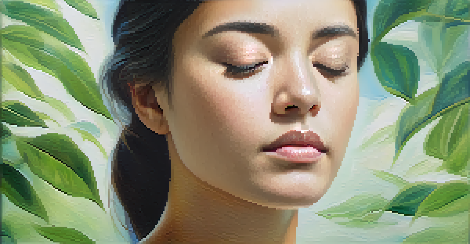 A close-up of a person with eyes closed practicing mindful breathing, surrounded by blurred natural colors, conveying tranquility.