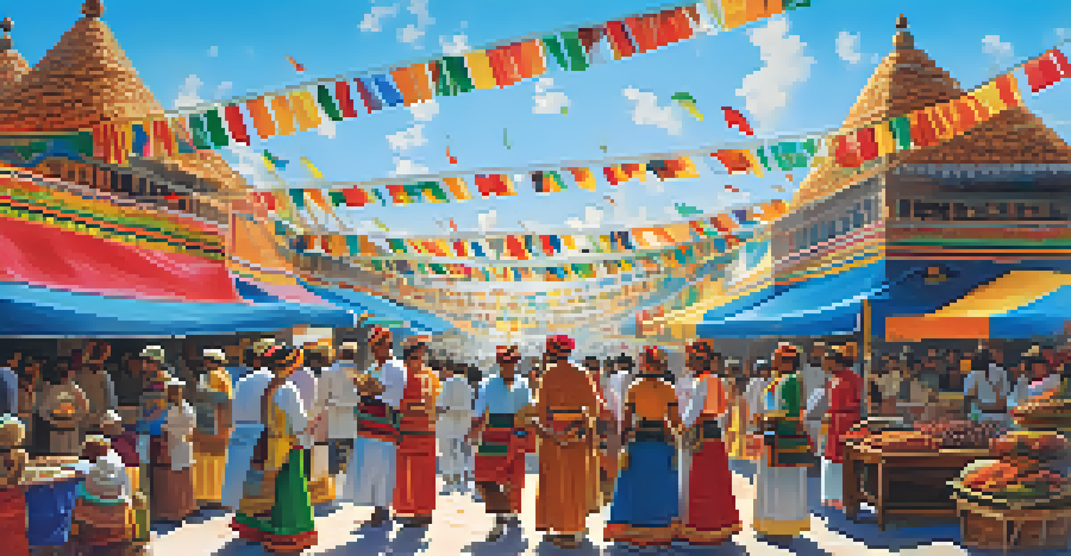 A diverse group of people in traditional clothing celebrating at a cultural festival with colorful decorations and food stalls.
