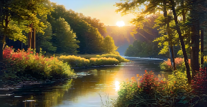 A tranquil forest landscape with a river and a wooden bridge, illuminated by the golden light of sunset.