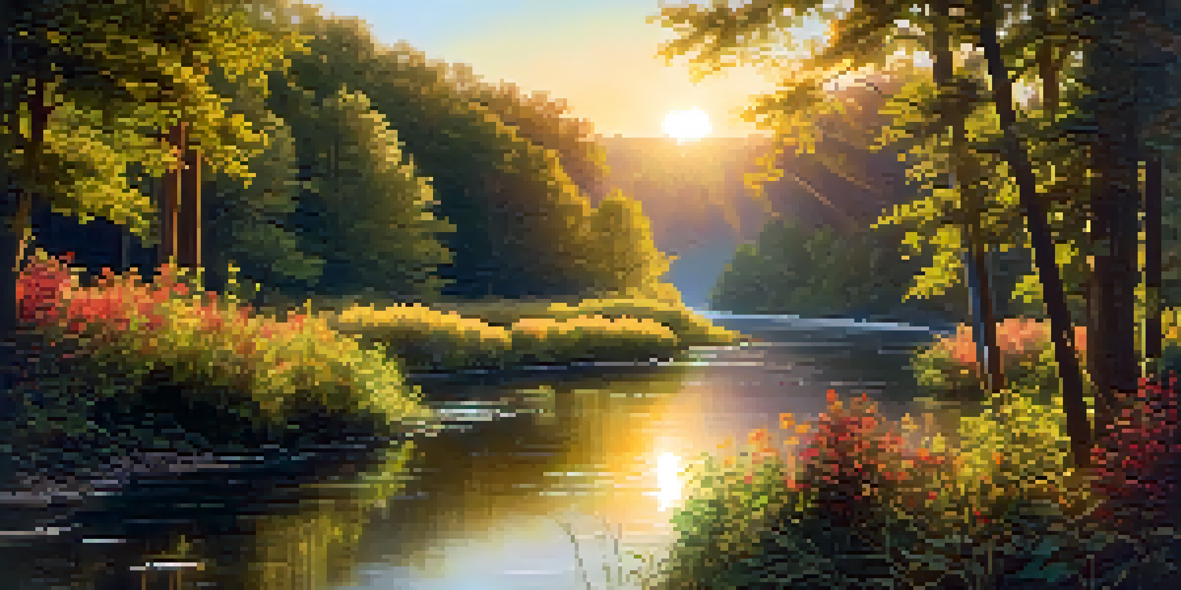 A tranquil forest landscape with a river and a wooden bridge, illuminated by the golden light of sunset.