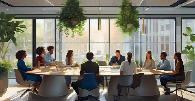 A diverse group of employees in a bright office meeting, sharing ideas and stories around a round table.