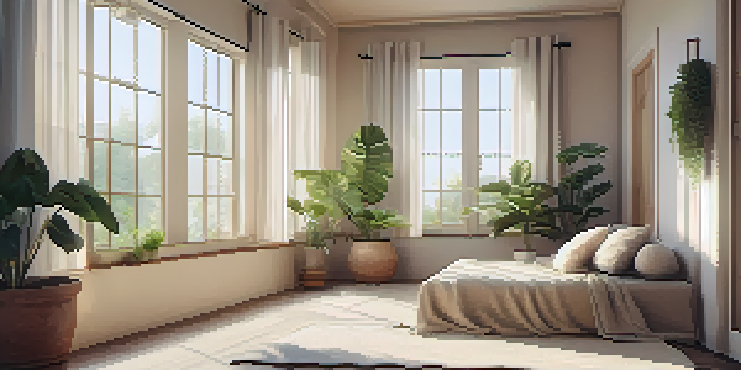 A tranquil meditation corner with a cushion, plants, and soft light coming through a window.