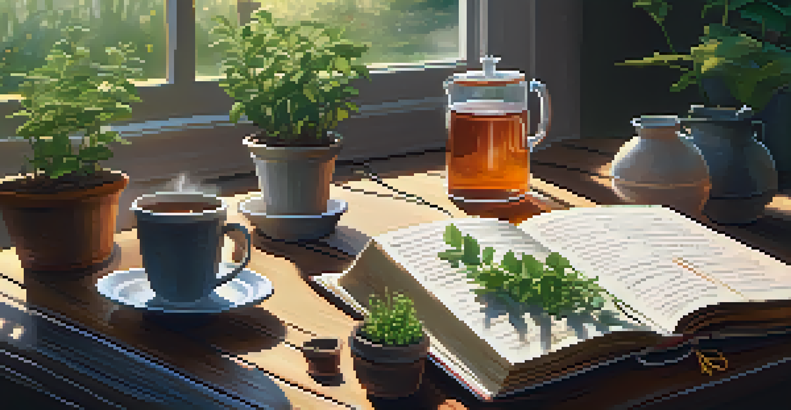 An open journal filled with handwritten thoughts on a wooden desk, with a steaming cup of tea and a potted plant beside it, symbolizing growth.