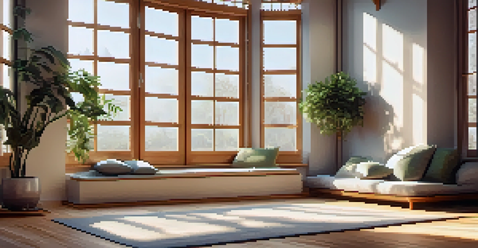 A bright, peaceful room with cushions for meditation and a small plant, illuminated by sunlight coming through large windows.