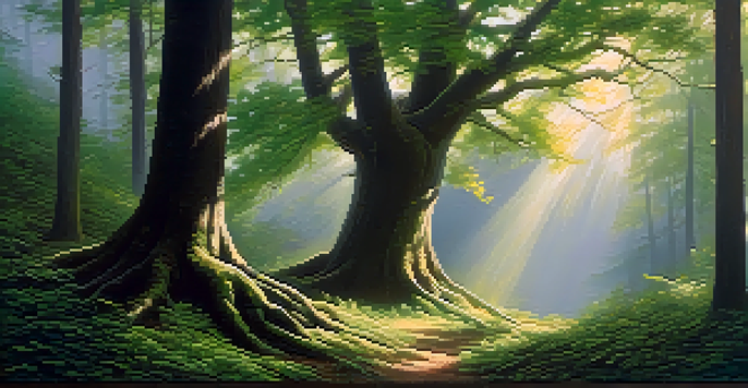 A tall tree bending in the wind in a lush forest, with sunlight filtering through the leaves.