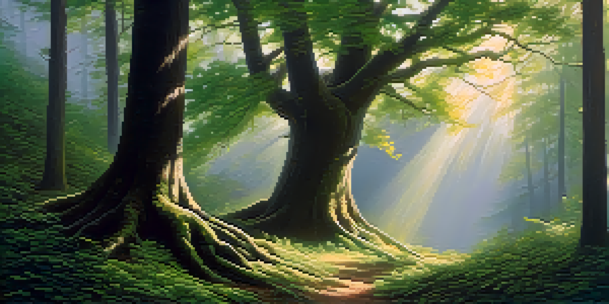 A tall tree bending in the wind in a lush forest, with sunlight filtering through the leaves.