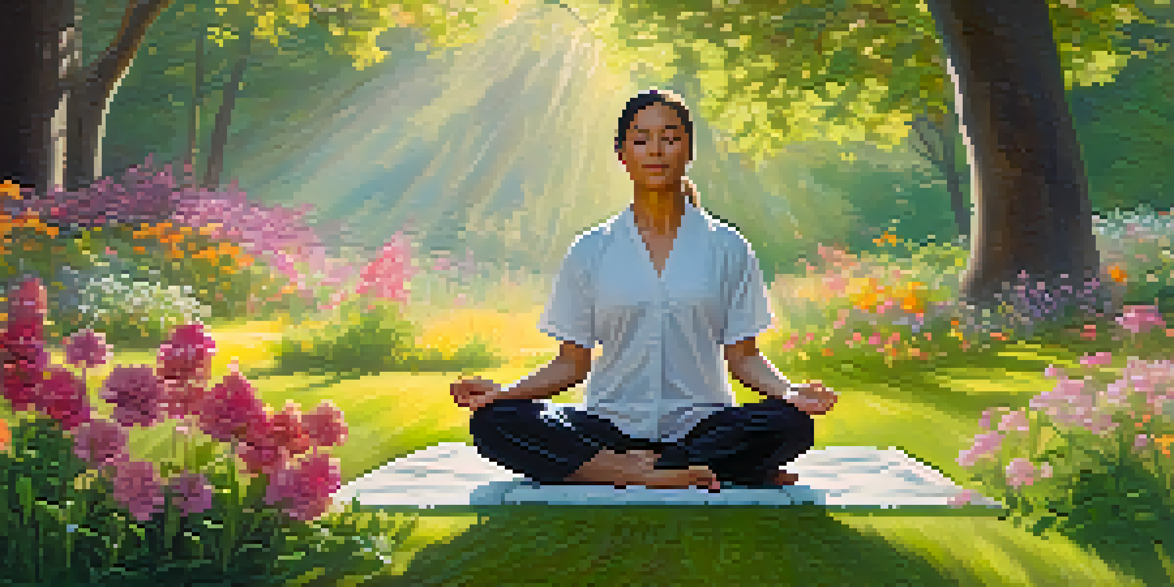 A person meditating in a peaceful garden surrounded by flowers and trees, with soft sunlight filtering through the leaves.