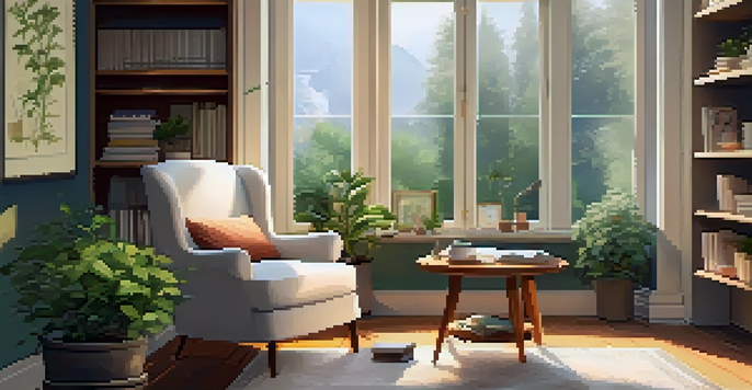 A cozy reading nook with an armchair, a table with tea, and sunlight coming through a window, perfect for self-reflection.