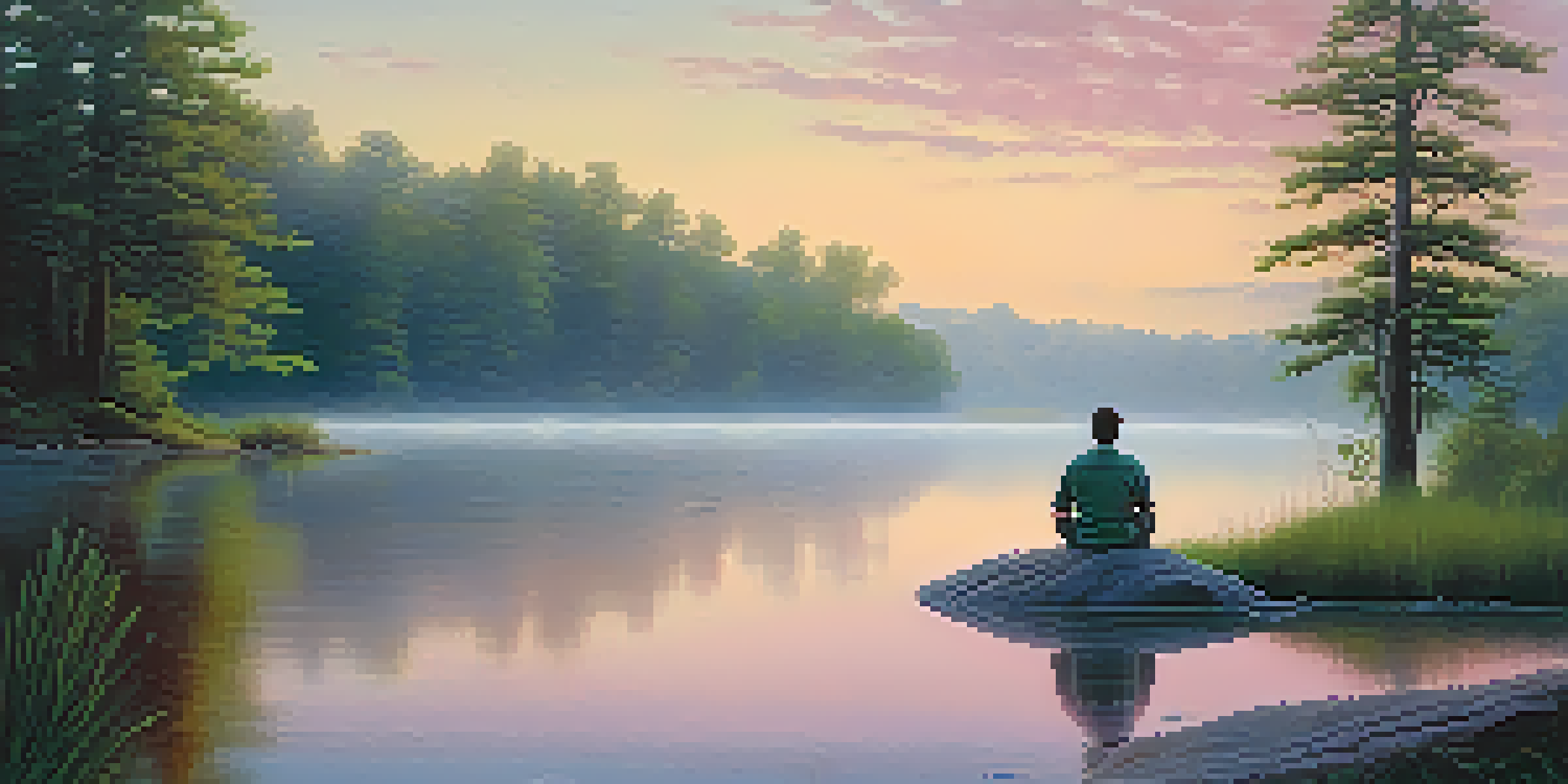 A tranquil lake at sunrise with a person meditating on a rock, surrounded by trees and mist.