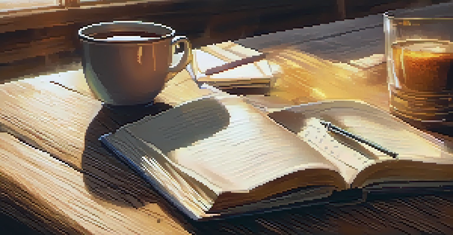 An open notebook with handwritten notes next to a cup of herbal tea on a wooden table.