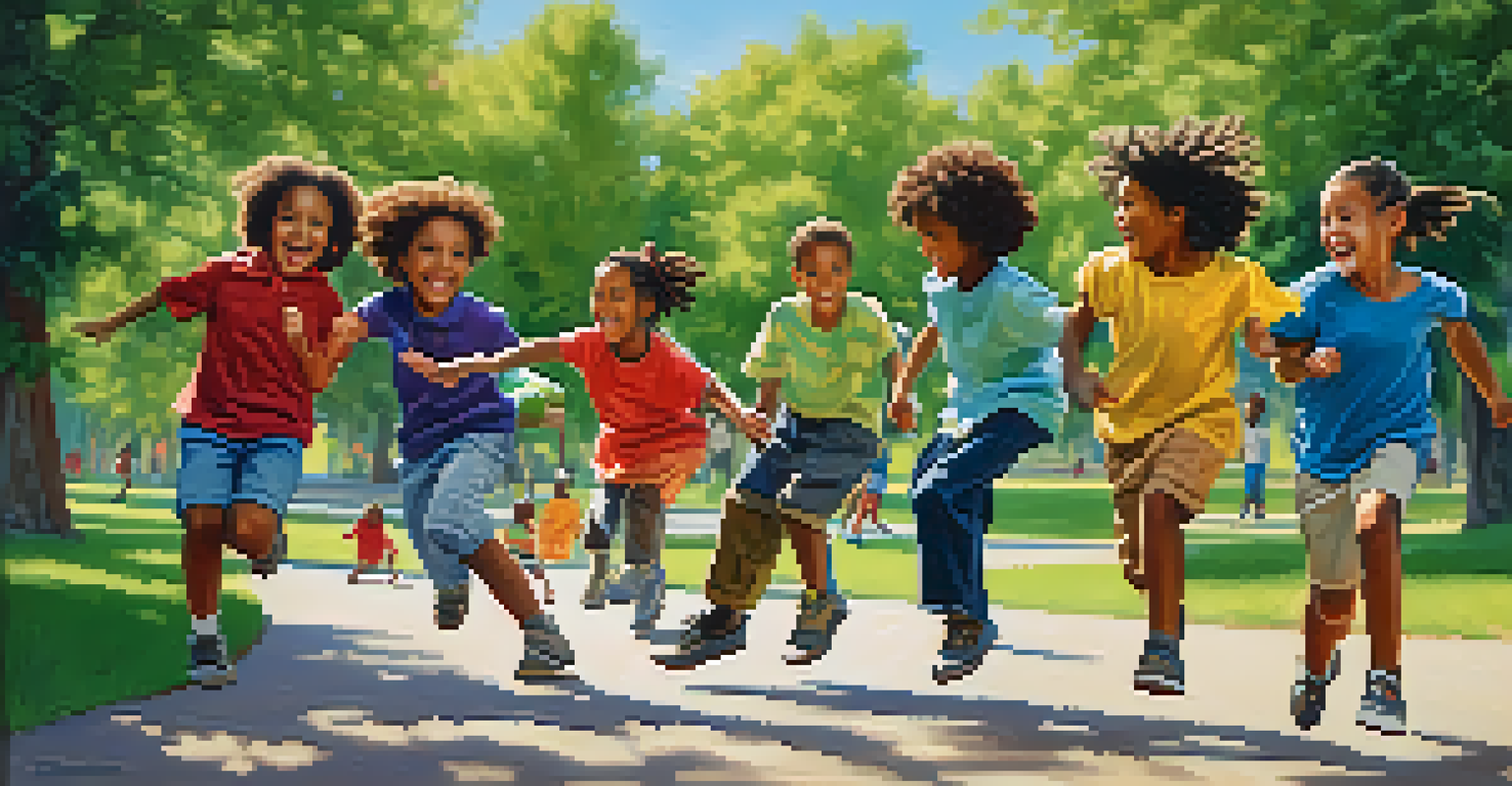 A group of diverse children playing tag in a sunny park, showcasing joy and friendship.