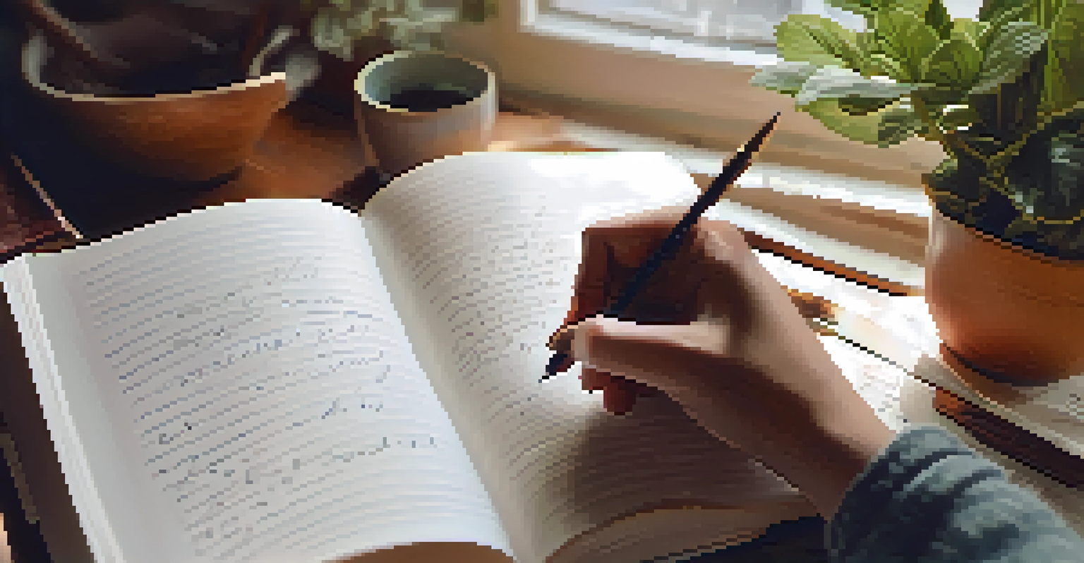 A close-up of hands writing in a gratitude journal with a cup of tea and a plant in a cozy setting.