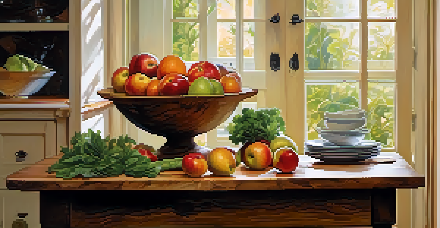 A dining table set with fresh fruits and vegetables in a cozy kitchen filled with natural light.