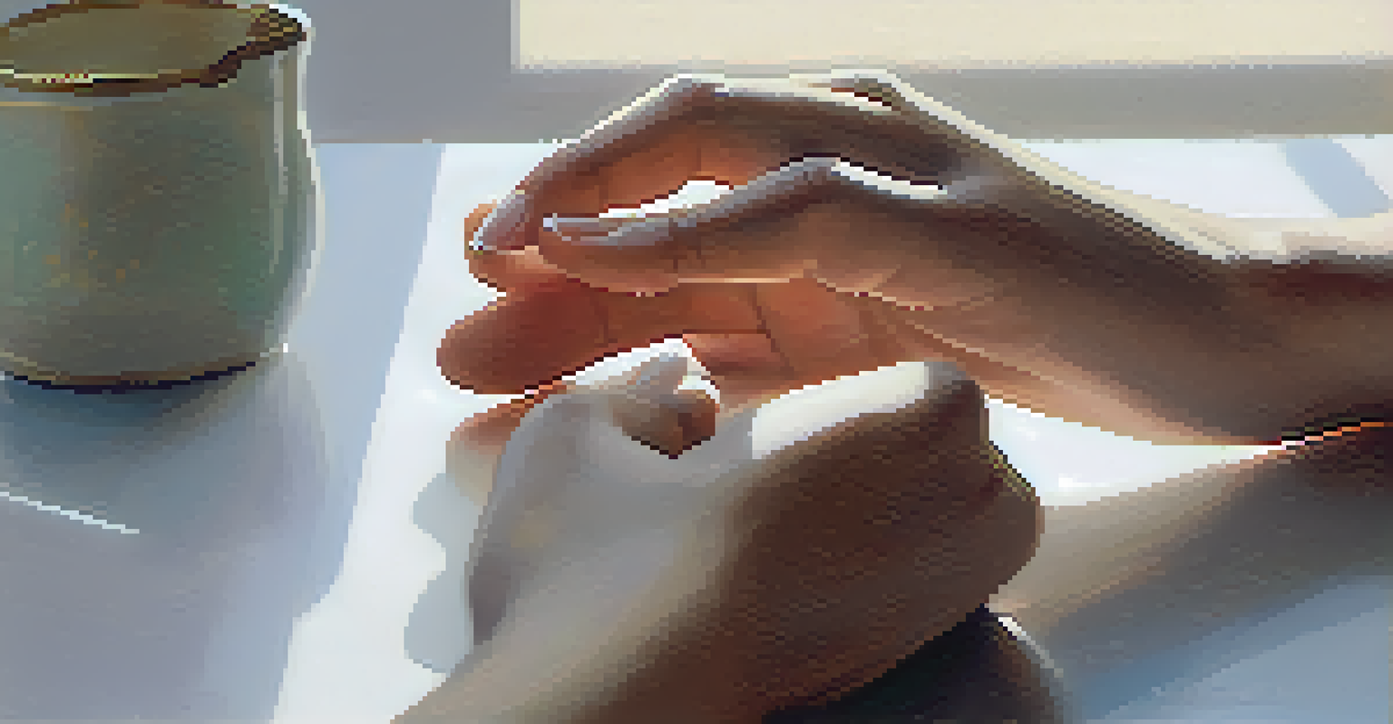 Close-up of hands performing the alternate nostril breathing technique in a tranquil indoor space.
