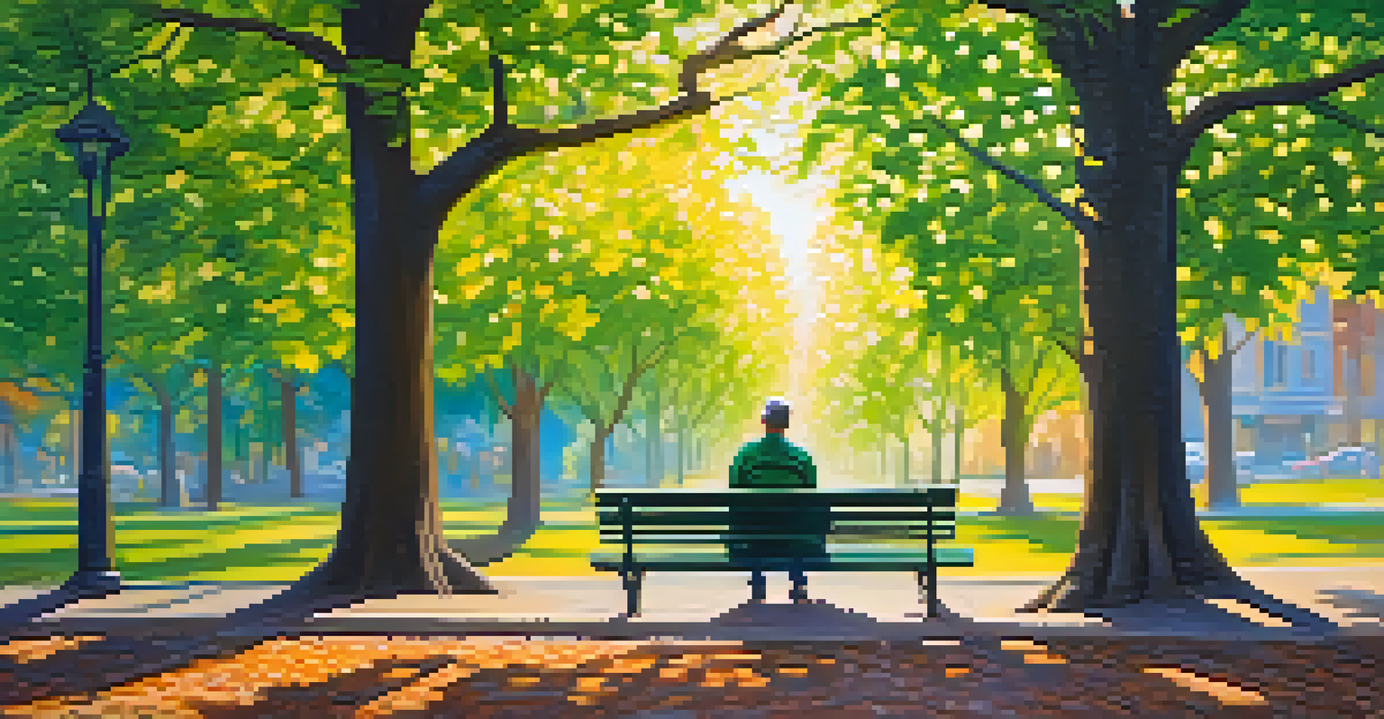 A person sitting on a bench in a park, sipping coffee and surrounded by trees and flowers, looking relaxed.