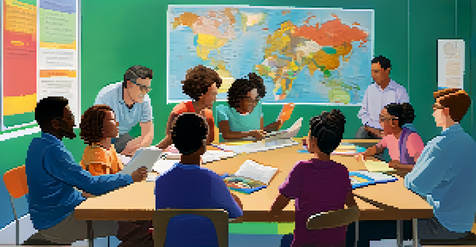 A diverse group of individuals collaborating around a table filled with books and tablets, set in a bright modern classroom.