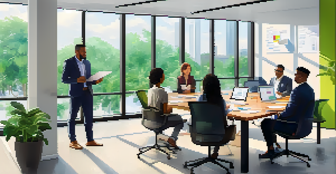 A diverse group of professionals in a bright office discussing ideas around a conference table, surrounded by plants and colorful notes.
