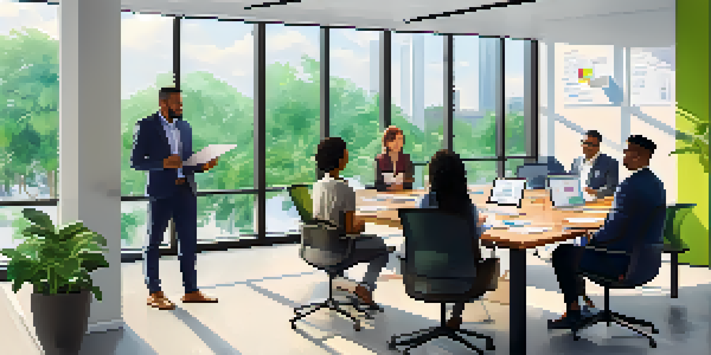 A diverse group of professionals in a bright office discussing ideas around a conference table, surrounded by plants and colorful notes.