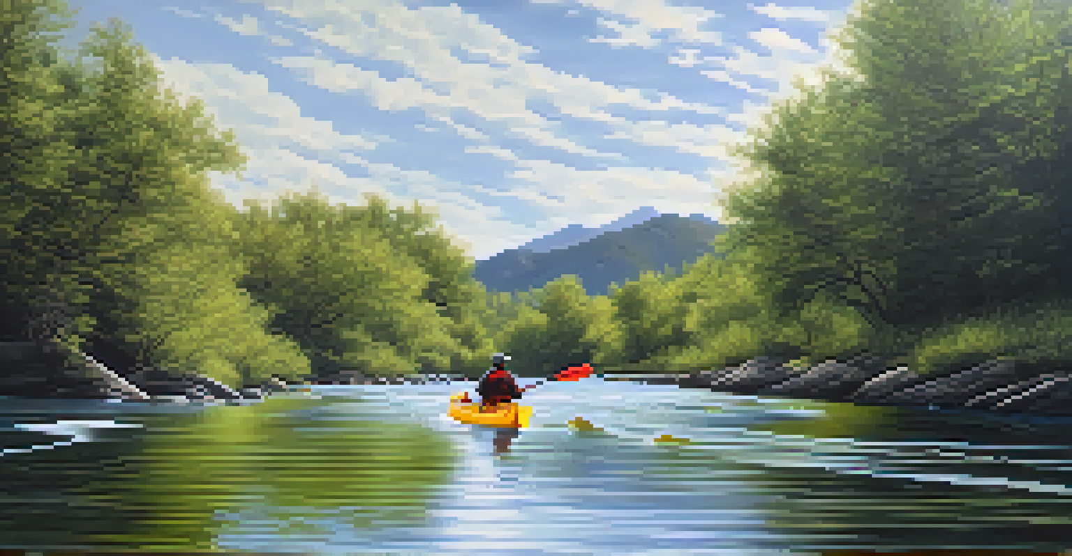 A river with changing currents, one side calm and serene, the other turbulent, showing a person in a kayak navigating the waters.