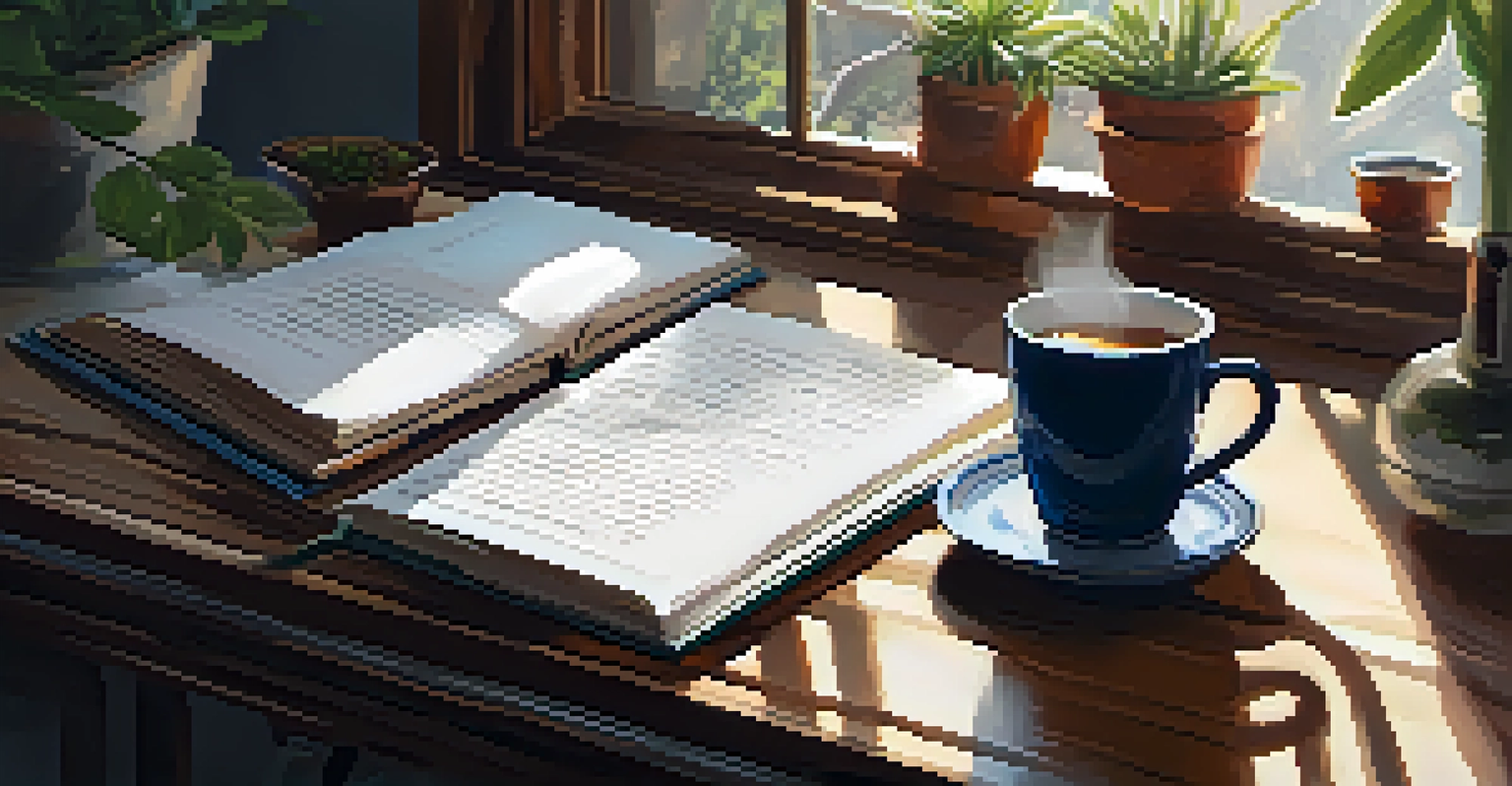 A person journaling at a wooden desk in a cozy indoor setting with plants and a cup of tea.
