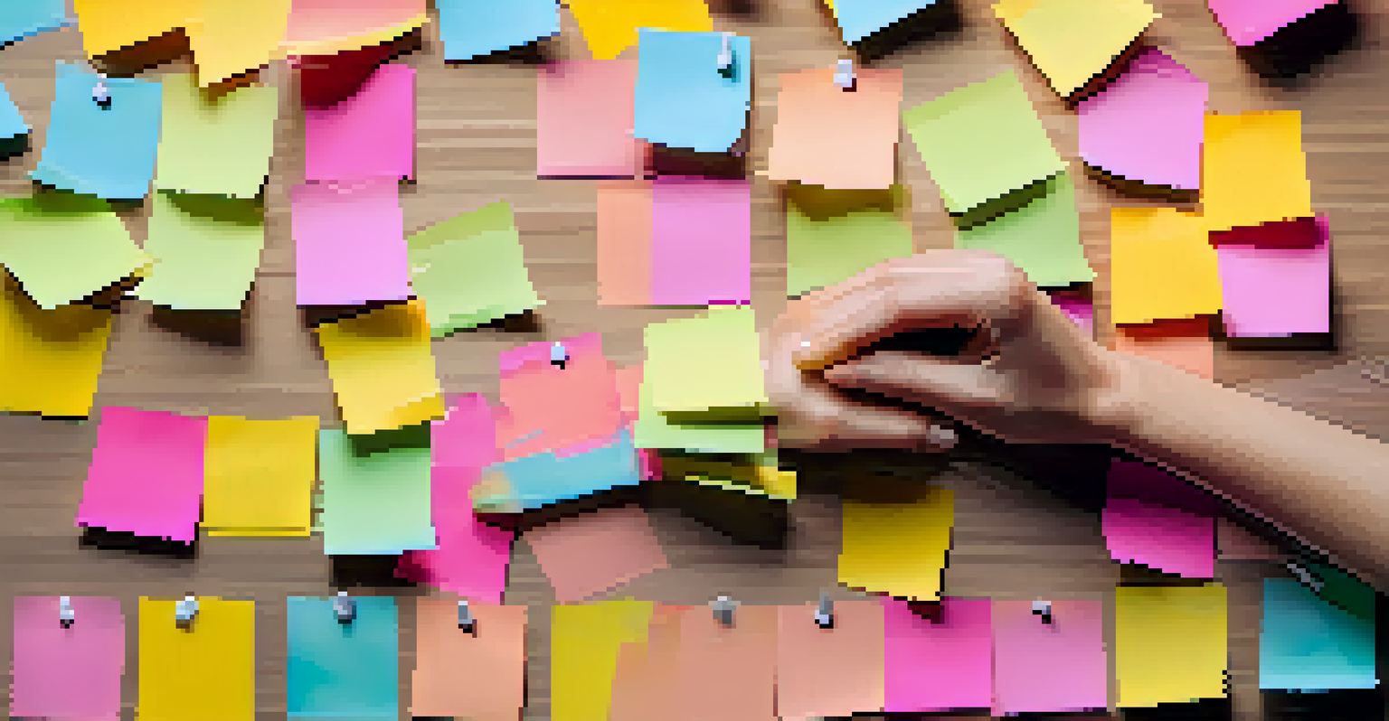 Hands organizing colorful sticky notes on a desk, each representing a smaller task, in a cozy workspace.