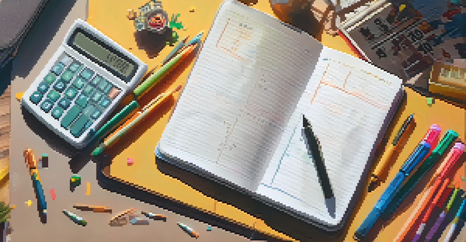 An open notebook showing a budget plan with colored pens and a calculator on a cozy desk.