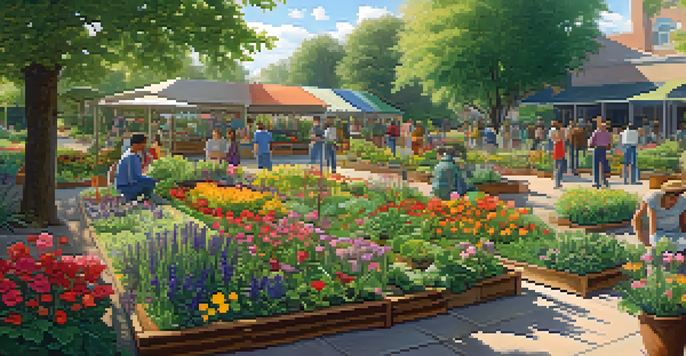 A community garden with people of different backgrounds tending to plants, surrounded by colorful flowers and green foliage under warm sunlight.