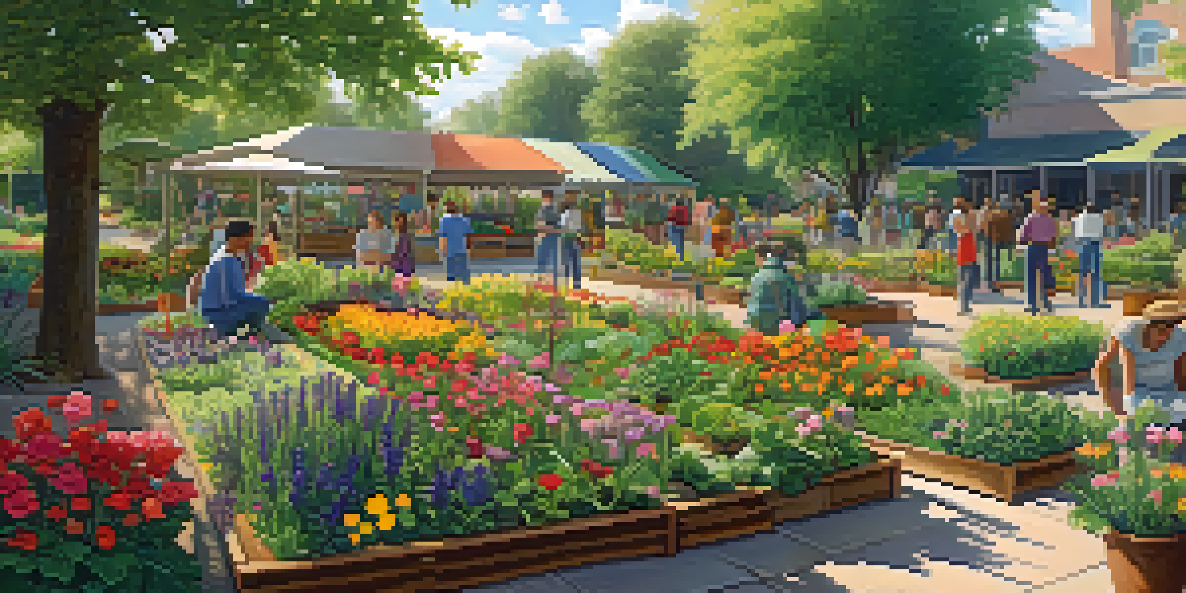 A community garden with people of different backgrounds tending to plants, surrounded by colorful flowers and green foliage under warm sunlight.