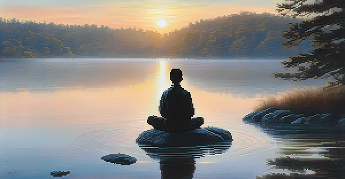 A person meditating by a calm lake at sunrise, with soft colors and mist creating a tranquil scene.