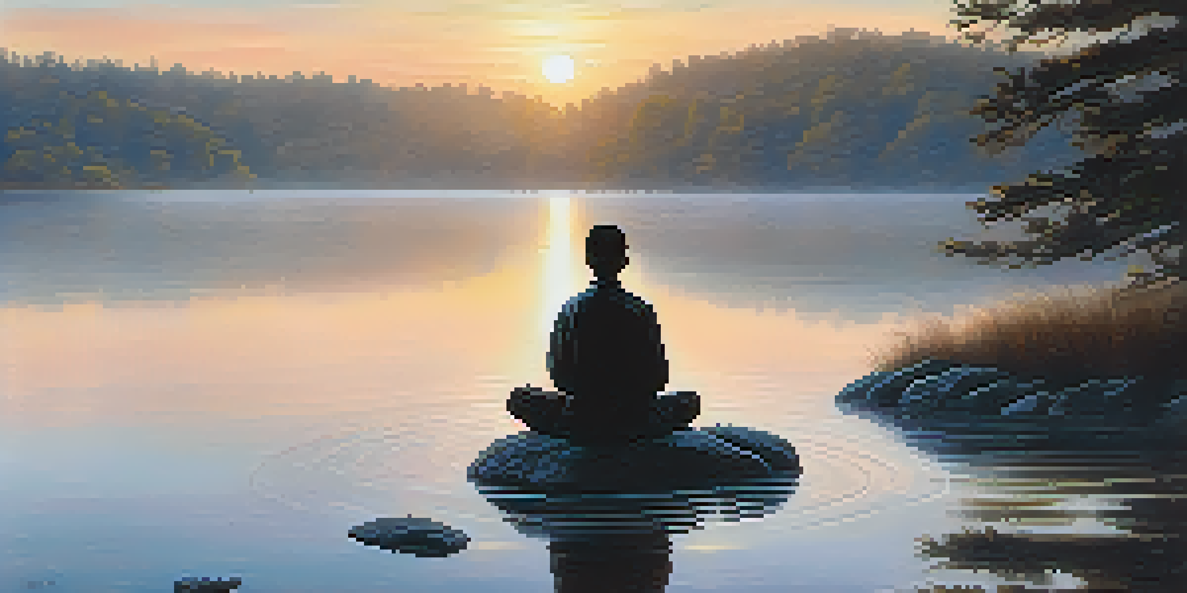 A person meditating by a calm lake at sunrise, with soft colors and mist creating a tranquil scene.