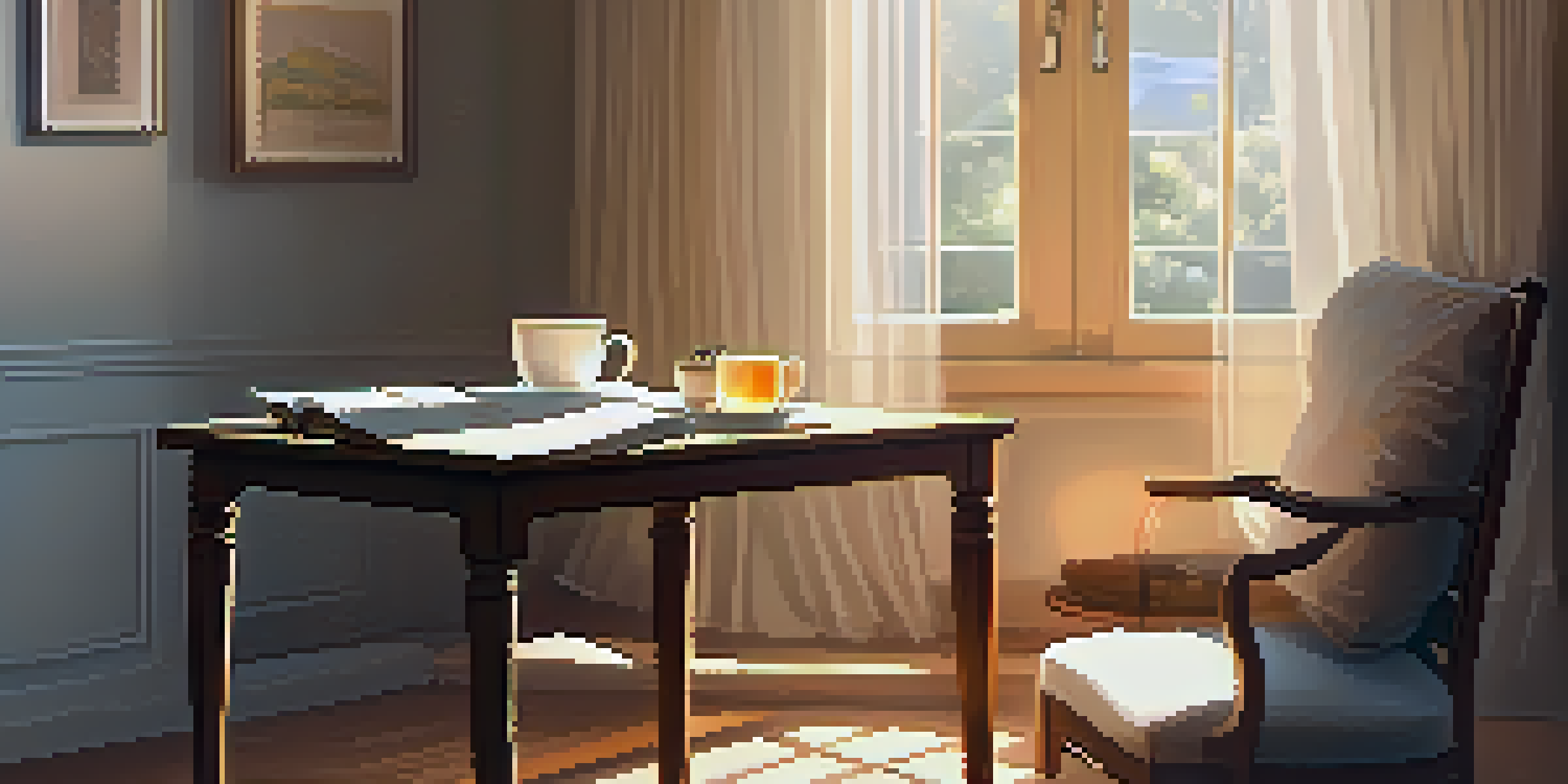 A cozy therapy room with soft sunlight and a cup of tea on a table, indicating a calm environment for reflection.