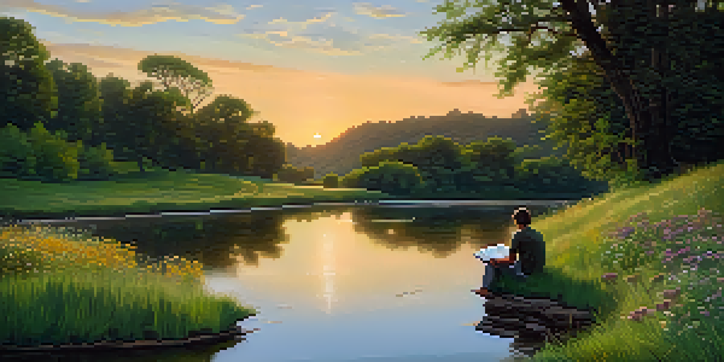 A person journaling by a winding river during sunset, surrounded by greenery and flowers, reflecting on their experiences.