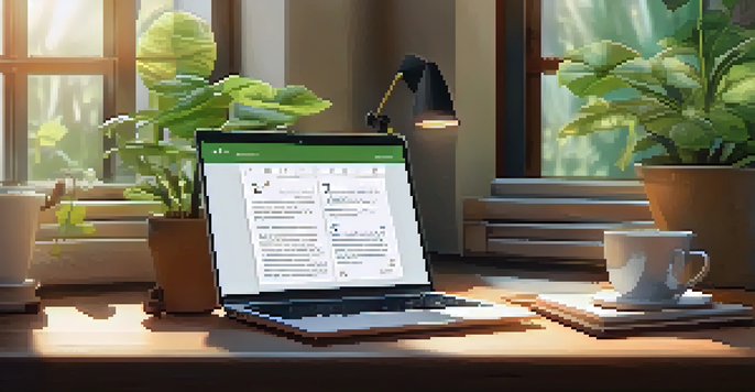 A warm and inviting workspace with a wooden desk, laptop, notepad, coffee cup, and plants, illuminated by natural light.