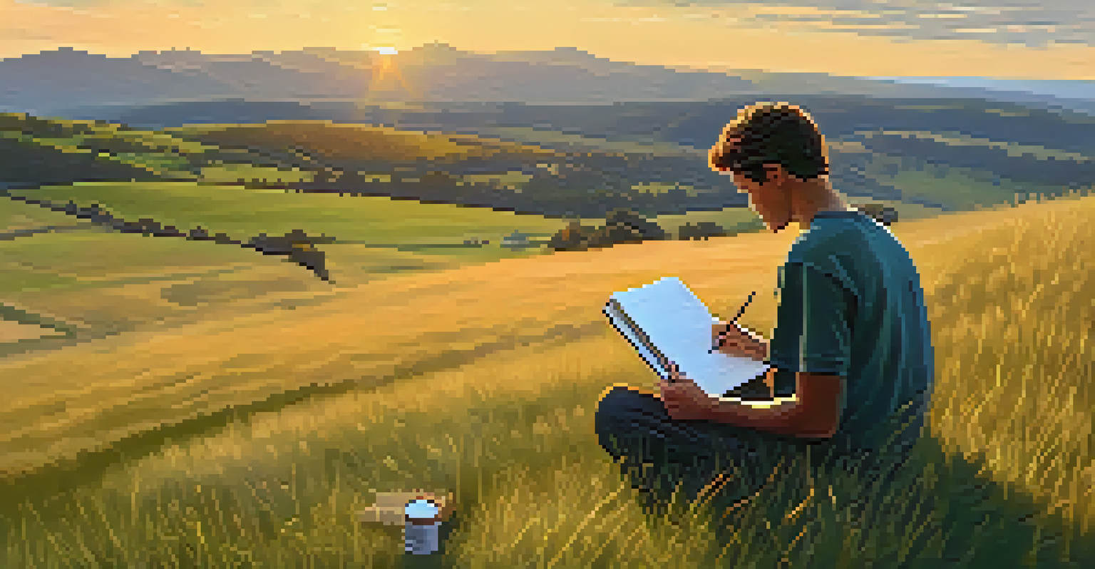 A person journaling on a grassy hill at sunset, with a beautiful landscape in the background.