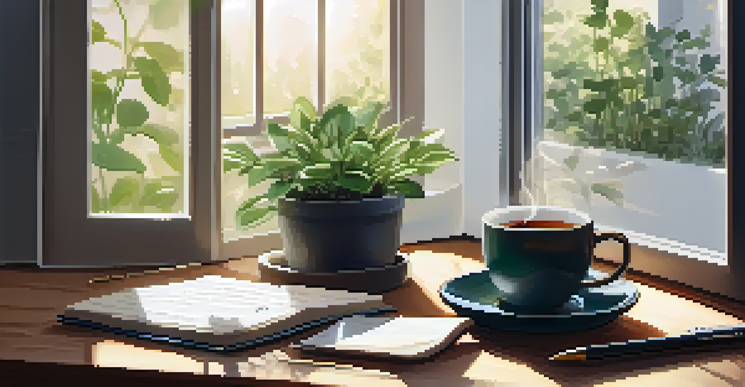 A wooden desk with an open journal, a cup of tea, and a plant, illuminated by soft light from a window.