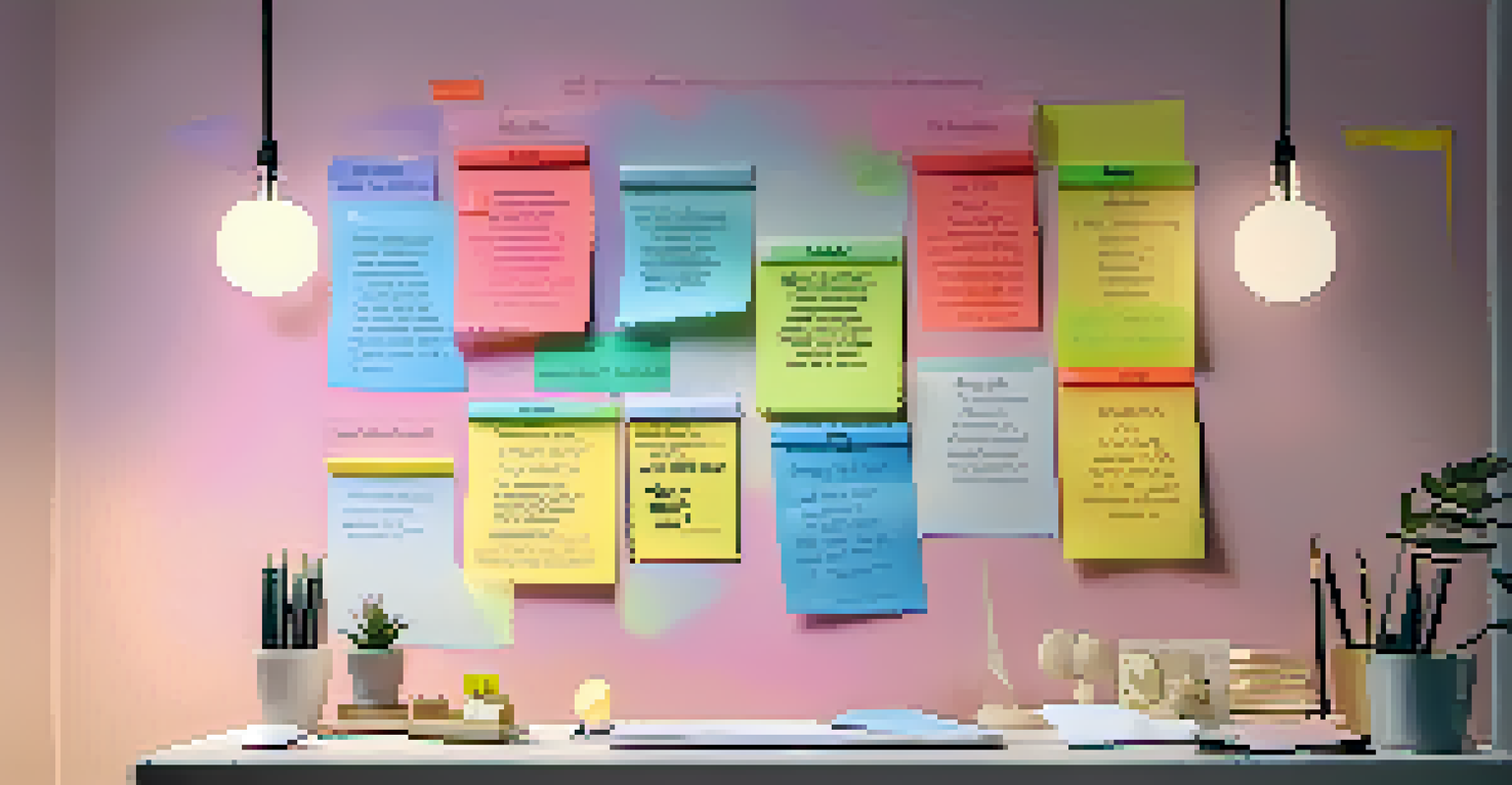 A wall covered in colorful sticky notes with SMART goals and inspirational quotes, beside a minimalist desk.