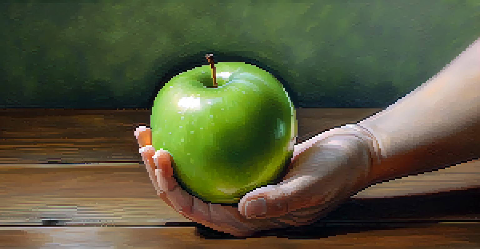 A close-up of a hand holding a fresh green apple on a wooden table.