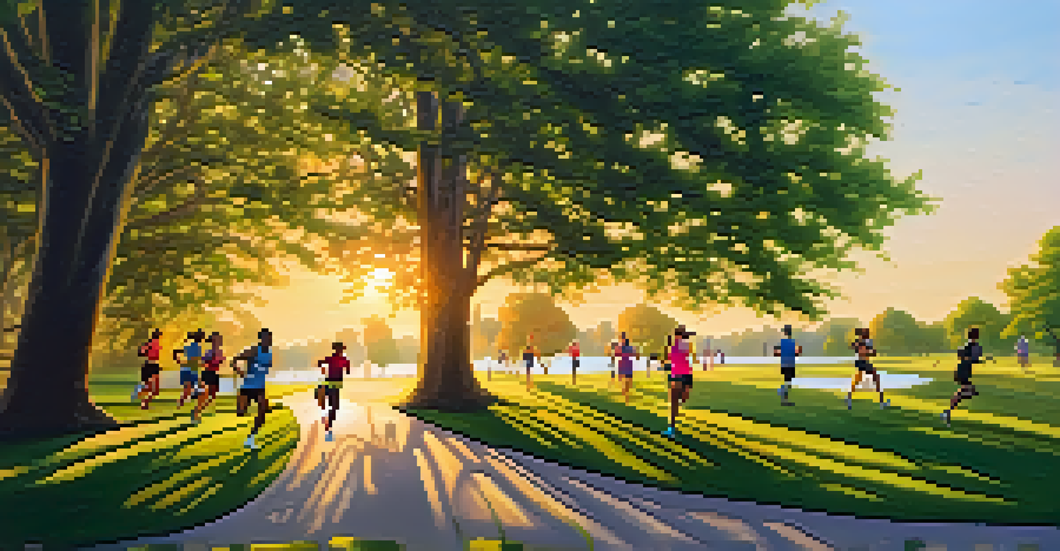 A diverse group of runners jogging in a park at sunset, surrounded by trees and vibrant colors.