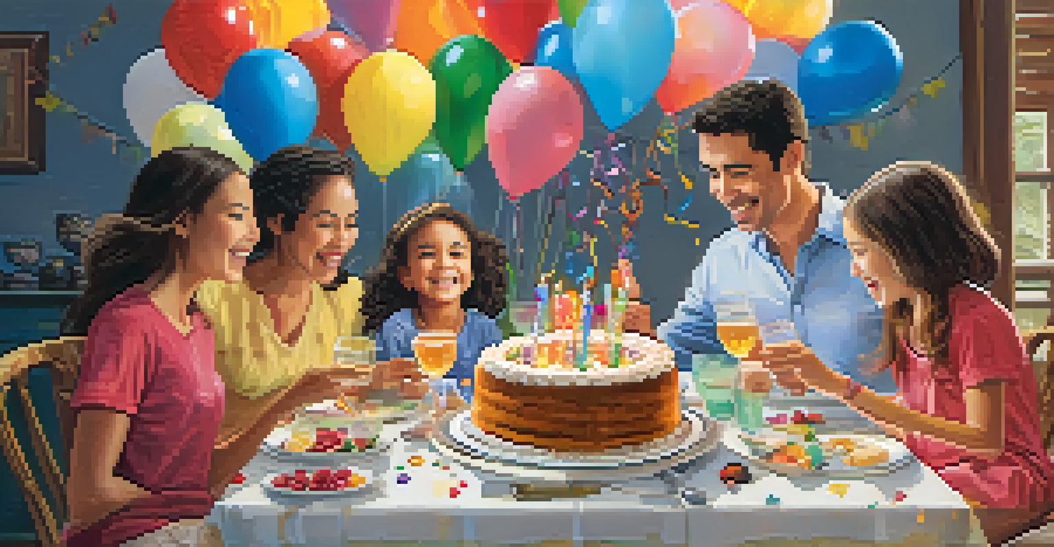 A family celebrating with a homemade cake and decorations, smiling and toasting together at a beautifully set dining table.