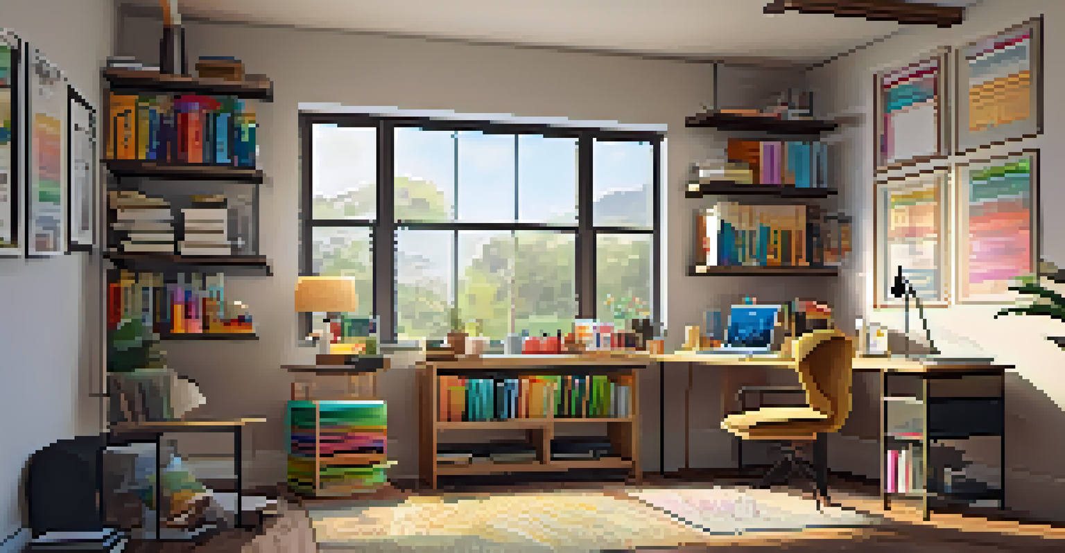 A study space with a wooden desk full of notebooks and stationery, illuminated by sunlight from a large window.