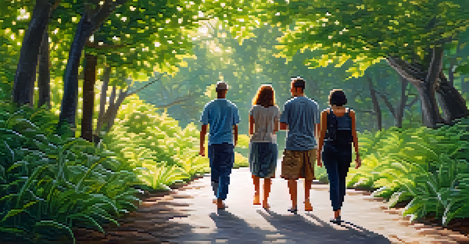 A diverse group of people walking mindfully along a scenic path in nature, surrounded by lush greenery and sunlight.