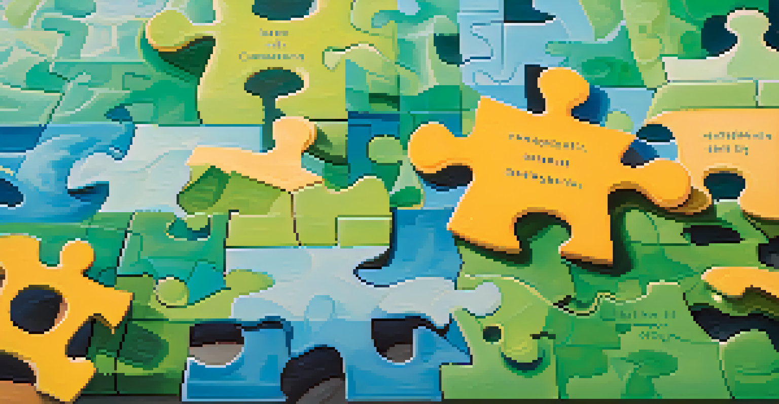 A colorful puzzle being assembled with words like 'empathy' and 'communication', set against a calming blue and green background.
