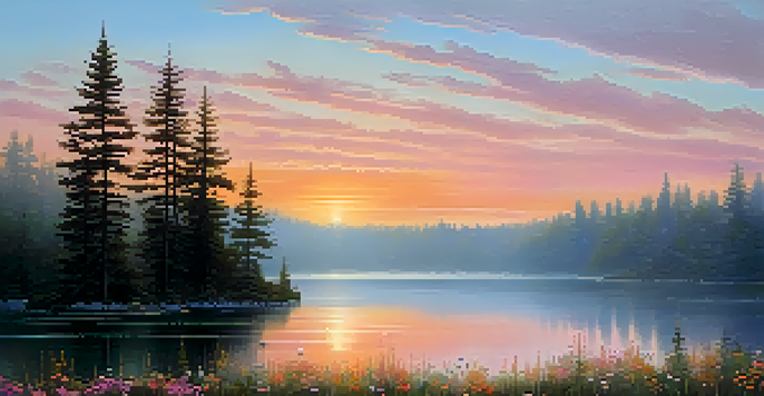 A peaceful sunrise over a calm lake with mist and colorful wildflowers, framed by silhouettes of pine trees.