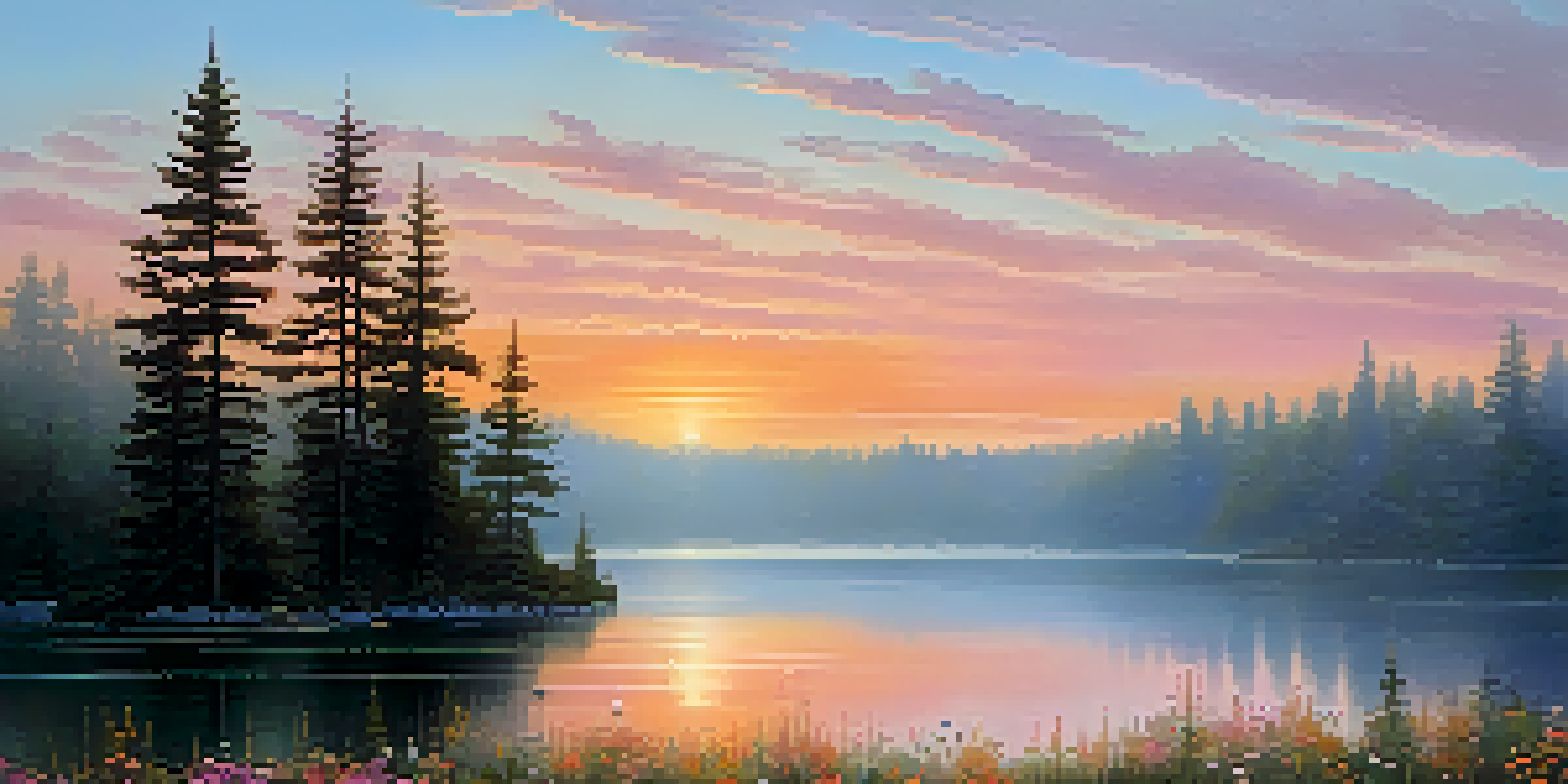 A peaceful sunrise over a calm lake with mist and colorful wildflowers, framed by silhouettes of pine trees.